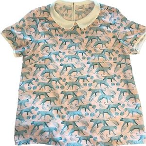 twik Pink Blouse with Teal Leopard Print and Peter Pan Collar